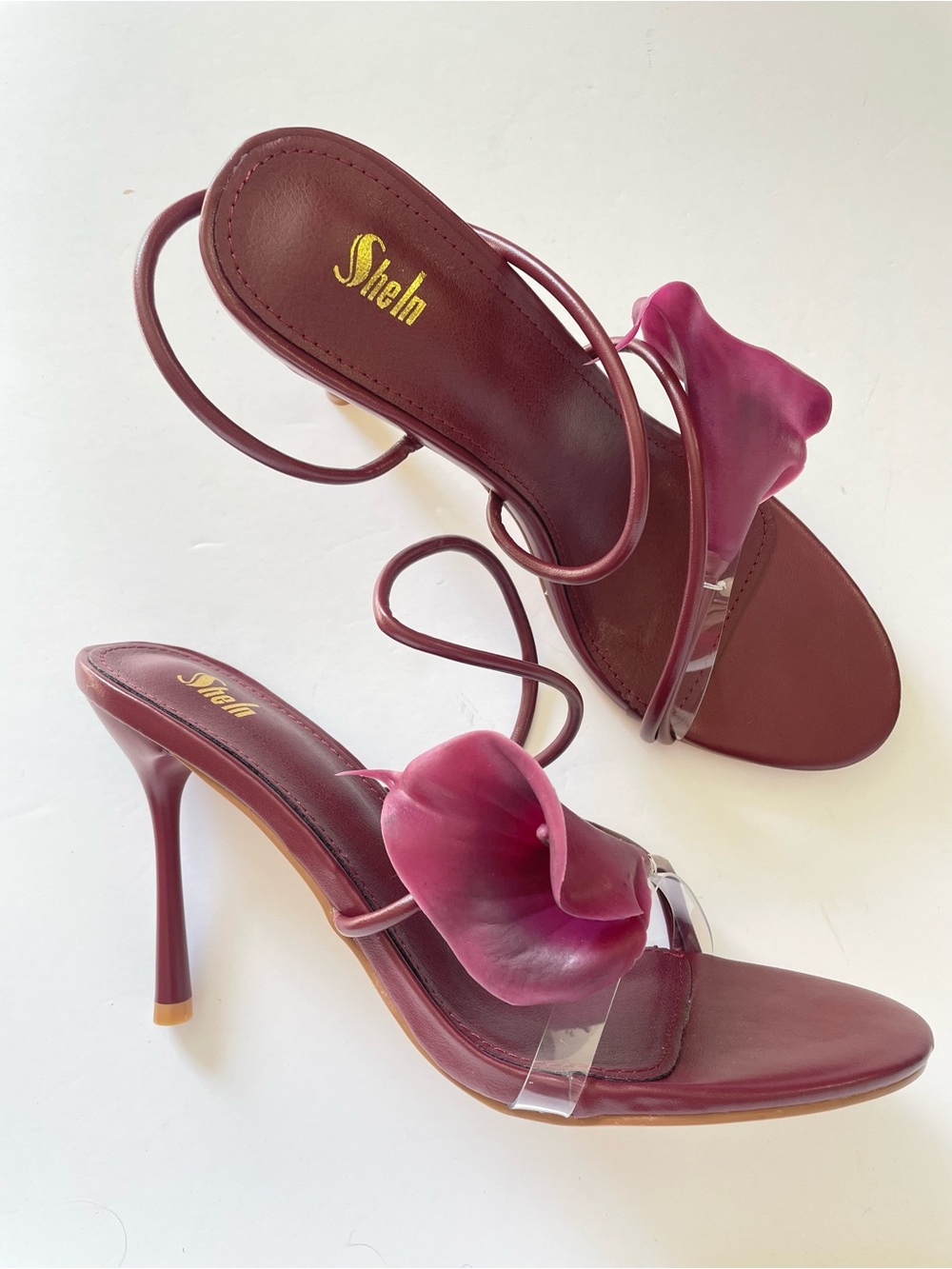 Sheln Wine Burgundy Pink Calla Lilly Floral Strap Stiletto Sandals